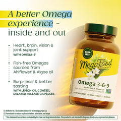 MegaFood Vegan Omega label highlights plant-based, fish-free ingredients for clean sourcing.