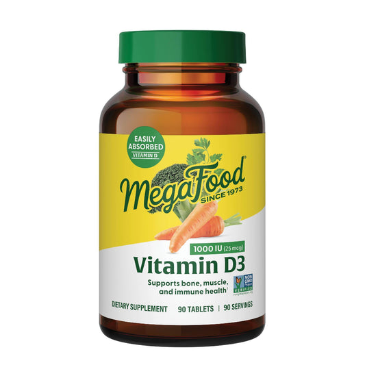 MegaFood Vitamin D3 1000 IU bottle highlighting immune support and bone health