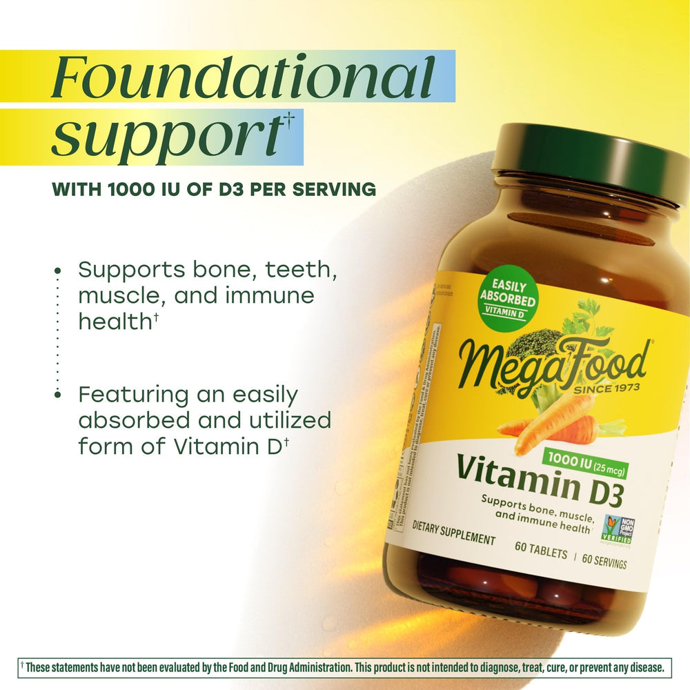 Close-up of MegaFood Vitamin D3 label showing real food ingredients