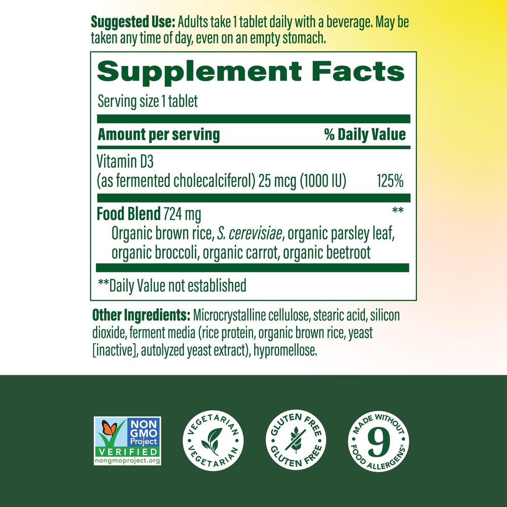 MegaFood Vitamin D3 1000 IU tablets on white background for daily use