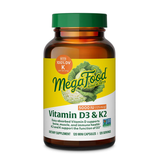 MegaFood Vitamin D3 5000 IU bottle closeup highlighting a vegetarian supplement for daily bone support