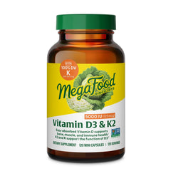 MegaFood Vitamin D3 5000 IU bottle closeup highlighting a vegetarian supplement for daily bone support