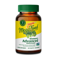 MegaFood Womens Advanced Multivitamin bottle showing the doctor formulated tablets for daily wellness