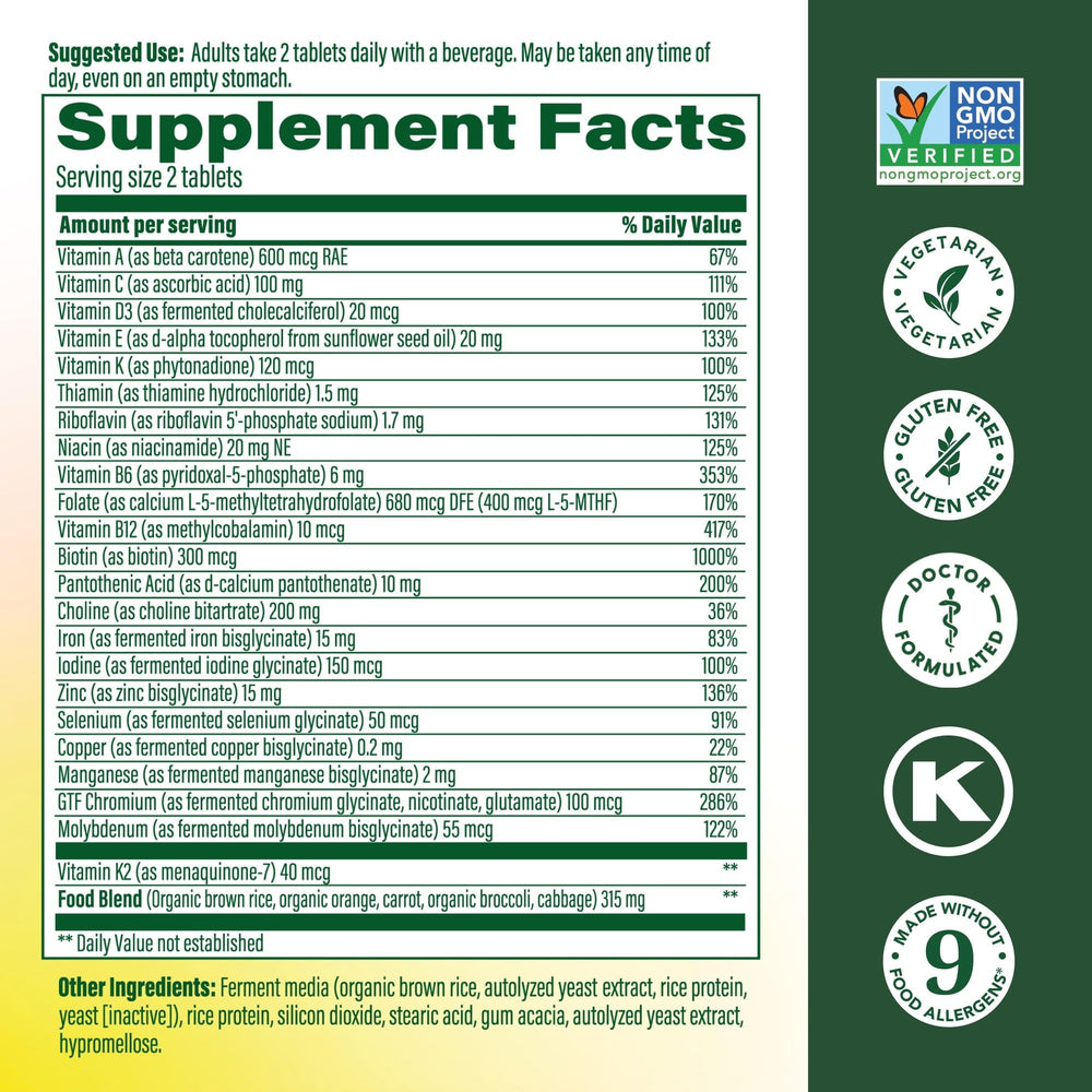 Closeup of MegaFood Women's Advanced Multivitamin tablets for easy daily use.