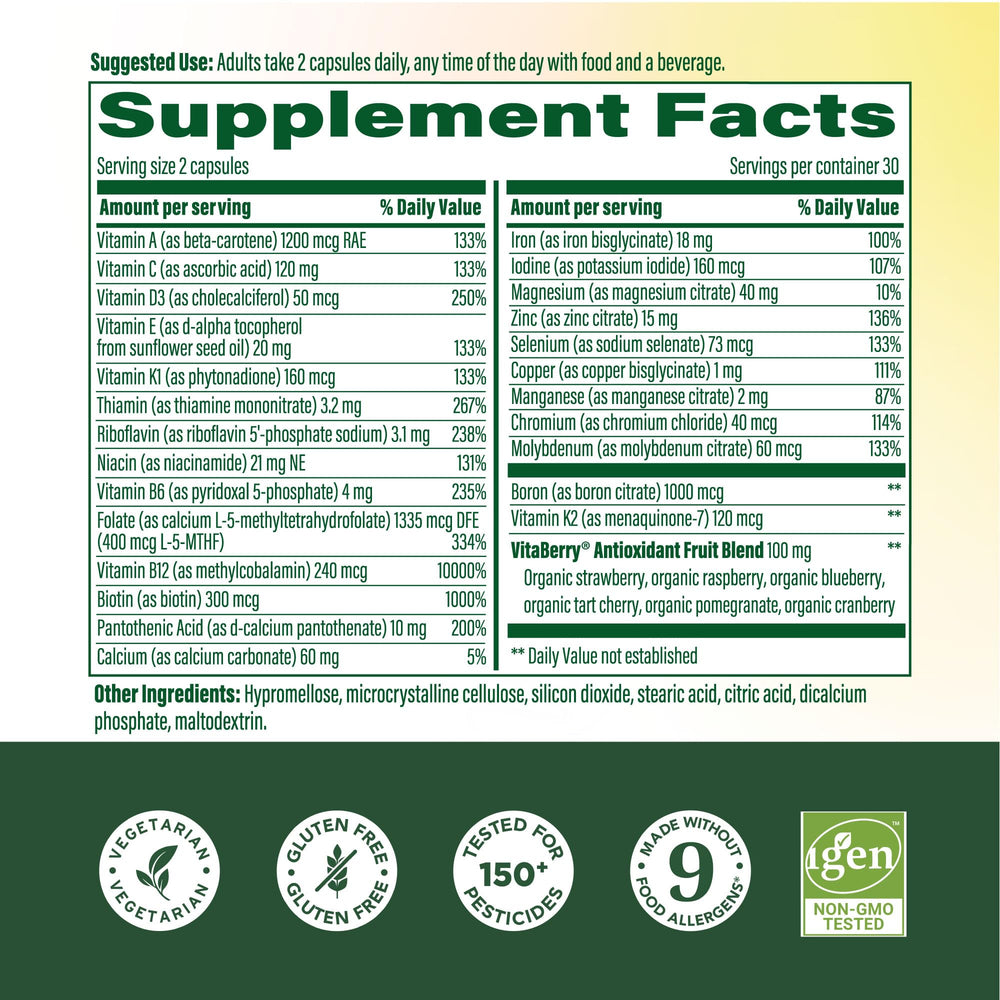 Capsules close-up showing vegetarian formula for daily nutrients