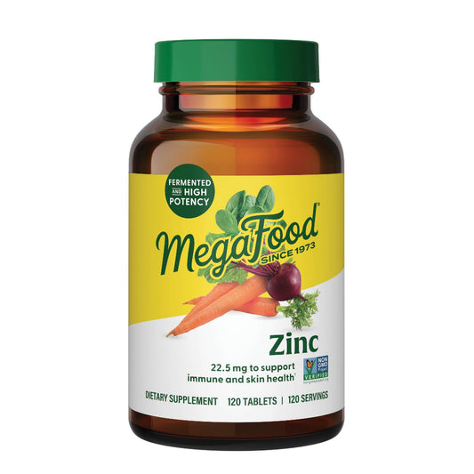 MegaFood Zinc tablets bottle showing high potency immune support for daily use