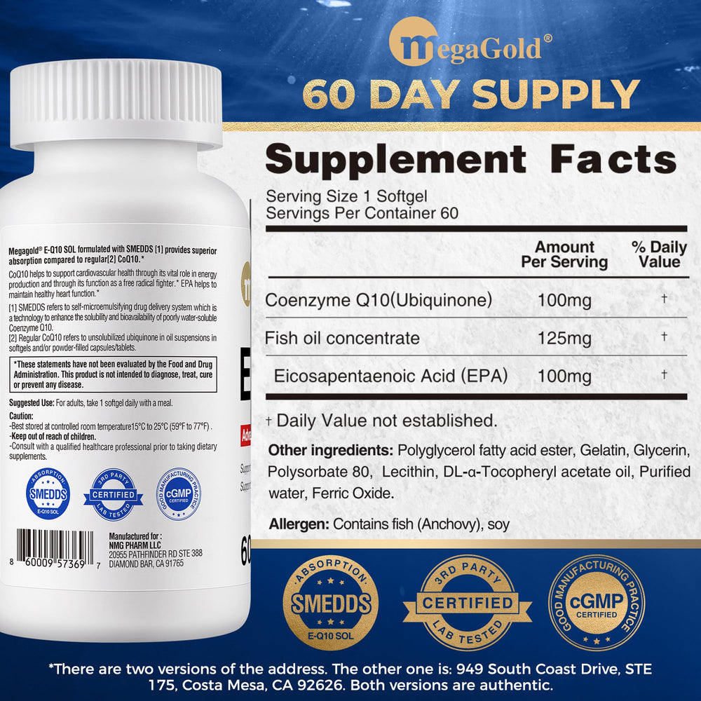 Megagold E-Q10 Sol capsules close-up shows premium CoQ10 content.