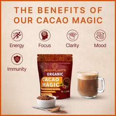 MEGAPLANTS Cacao Magic mug with steam, ideal as a cozy coffee alternative.