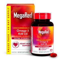 MegaRed Ultra-Strength krill oil bottle with softgels for everyday heart support.