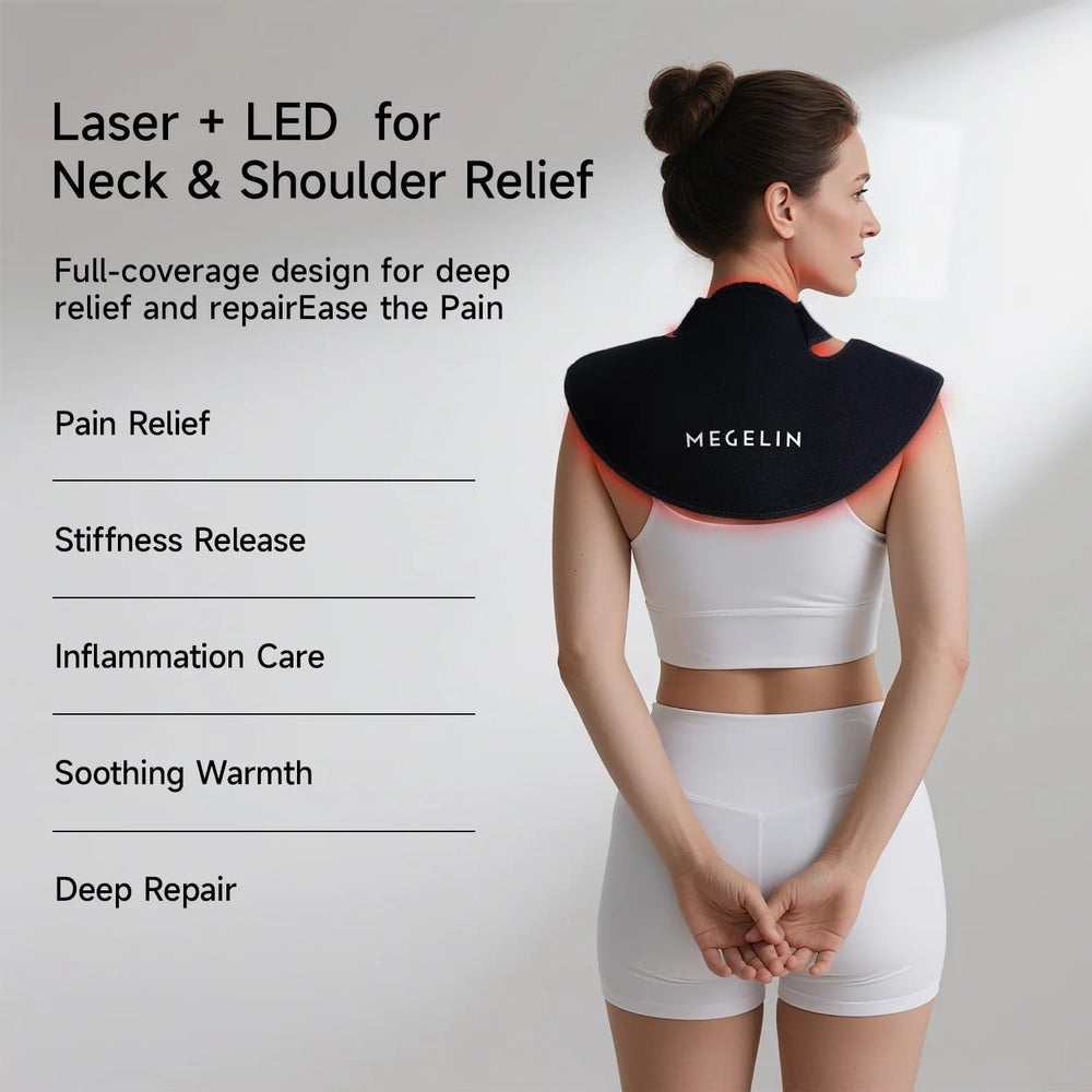 Triple-wavelength Megelin LED Wear soothes shoulder tension at home or on the go
