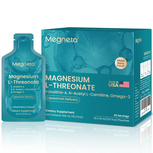 MEGNETA magnesium-l-threonate bottle shown to highlight high-absorption formula for focus.