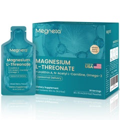MEGNETA magnesium-l-threonate bottle shown to highlight high-absorption formula for focus.