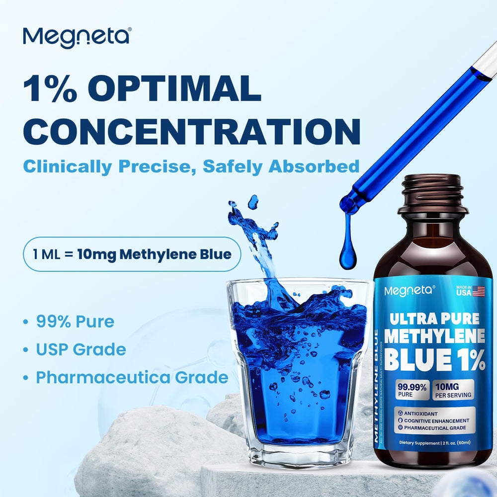 MEGNETA Methylene Blue label close-up showing USP grade purity for reliable use