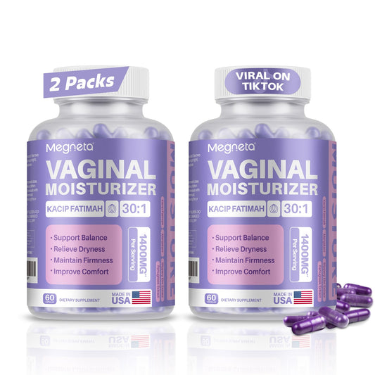 MEGNETA Vaginal Moisturizer capsules close up highlighting a vegan formula for daily comfort.