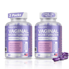 MEGNETA Vaginal Moisturizer capsules close up highlighting a vegan formula for daily comfort.