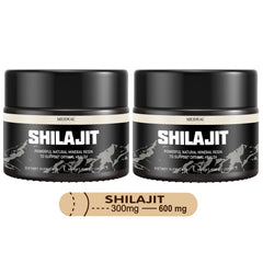 Meideal Shilajit resin bottle front shows pure Himalayan resin for energy support.