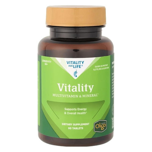Melaleuca Vitality multivitamin bottle for 50+ adults, supporting daily nutrient balance.