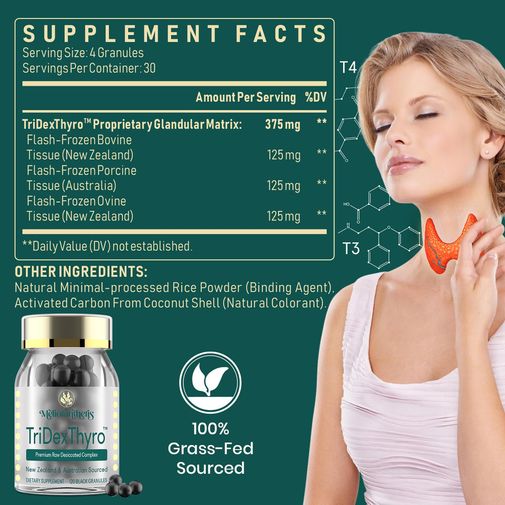 Meliorantheris TriDexThyro raw-desiccated capsules ready for daily intake.