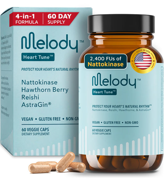 Melody Heart Tune bottle front promoting daily vascular wellness and ease of use.