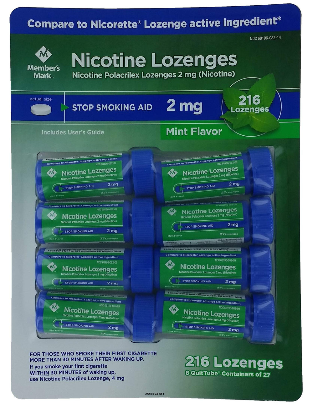 Member's Mark 2mg mint lozenges pack front showing mint flavor and 216-count value