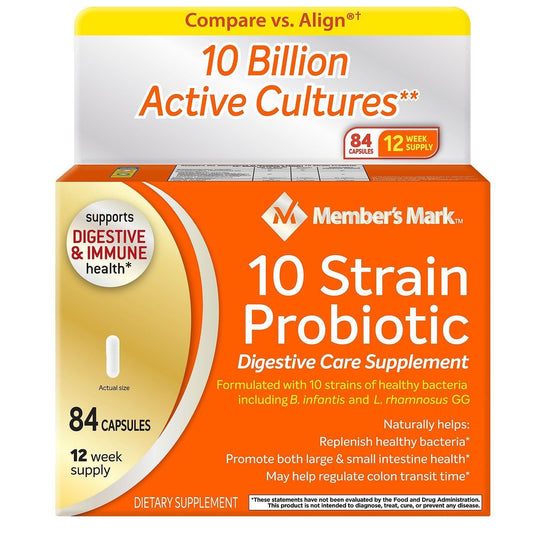 Member's Mark 5x Probiotic Digestive Care bottles for daily support on kitchen counter