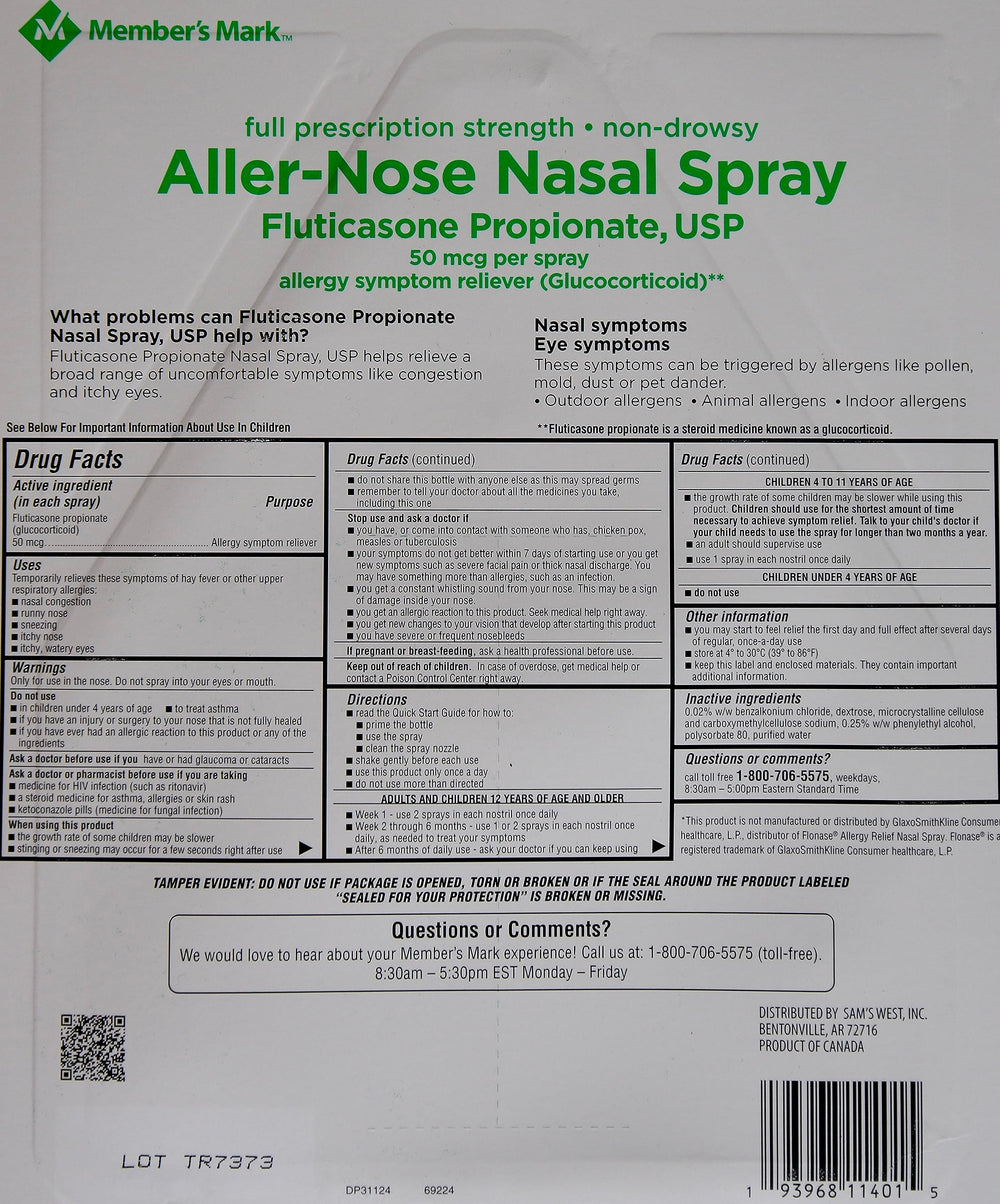 Member's Mark Aller-Nose nasal spray pump-action bottle ready for daily use.
