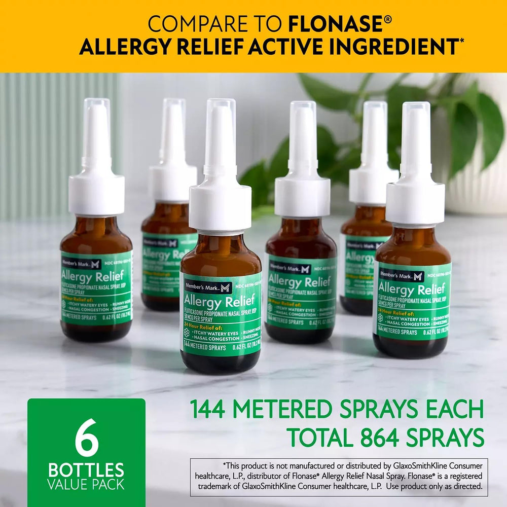 Travel-ready Members Mark nasal spray shown with compact, portable packaging.