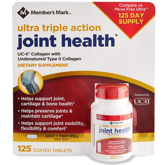 Member's Mark Ultra Triple Action Joint Health bottle front view shows convenient daily capsule