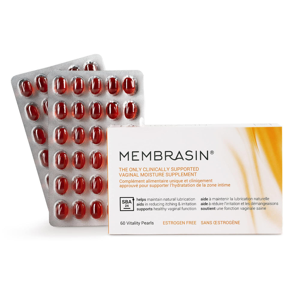 Membrasin Vitality Pearls bottle supports daily hydration for menopausal comfort.