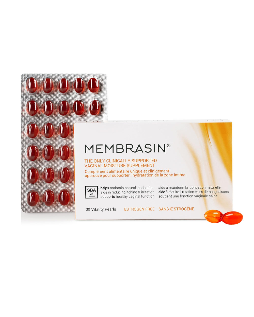 Membrasin Vitality Pearls bottle on a bathroom counter for daily hydration support.