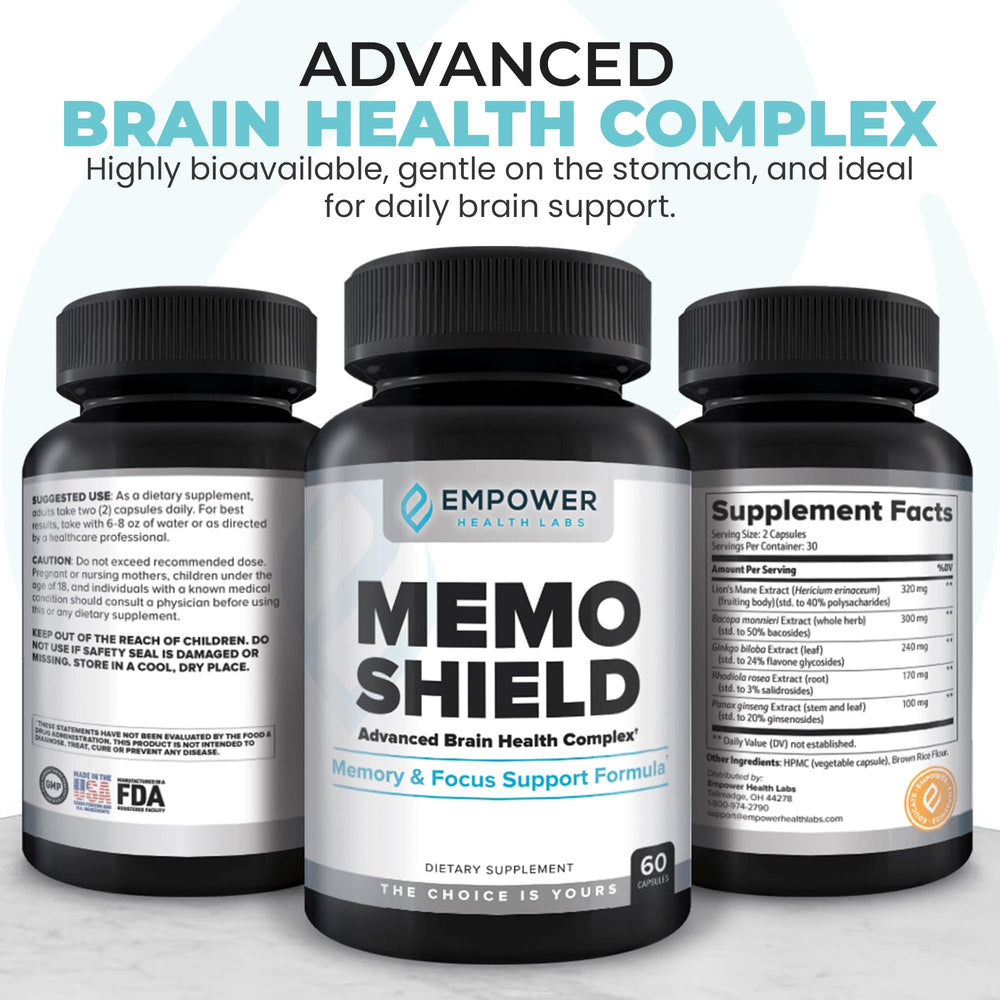 MemoShield Bacopa bottle label emphasizing cognitive clarity and focus.