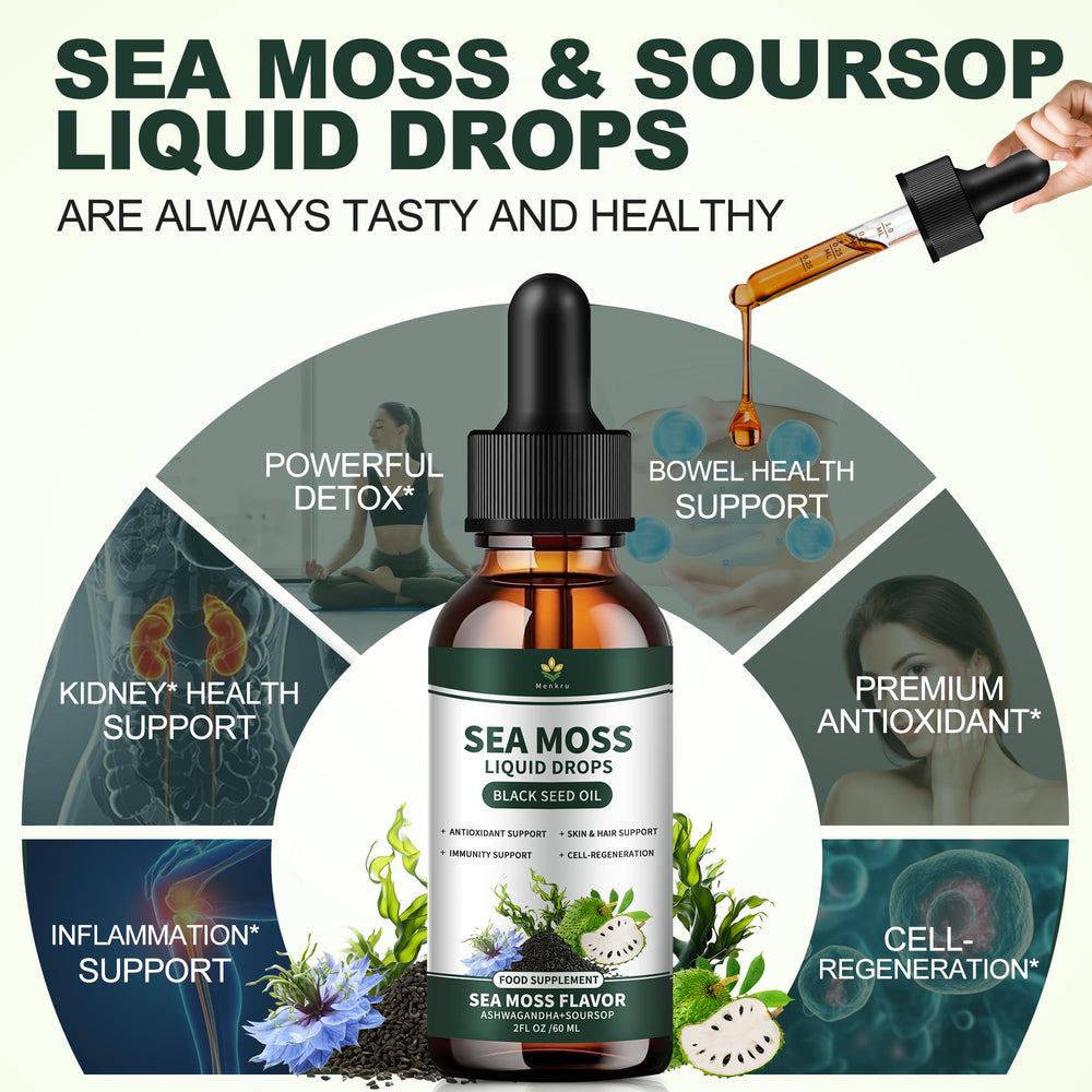 Close-up of Menkru Sea Moss Liquid Drops ingredients including soursop and elderberry