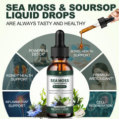 Close-up of Menkru Sea Moss Liquid Drops ingredients including soursop and elderberry