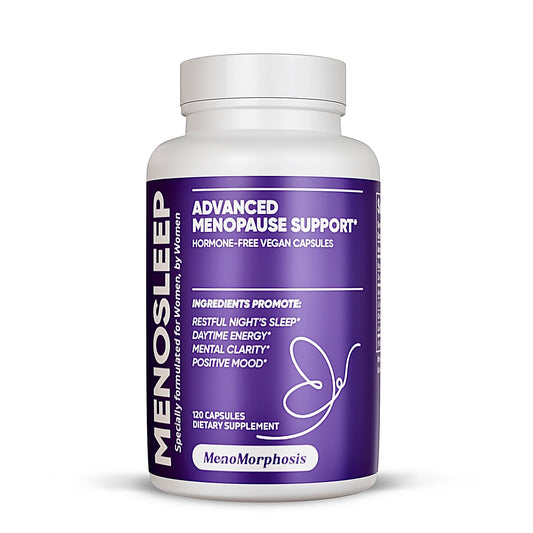 MenoSleep bottle front view showing hormone-free menopause sleep support.