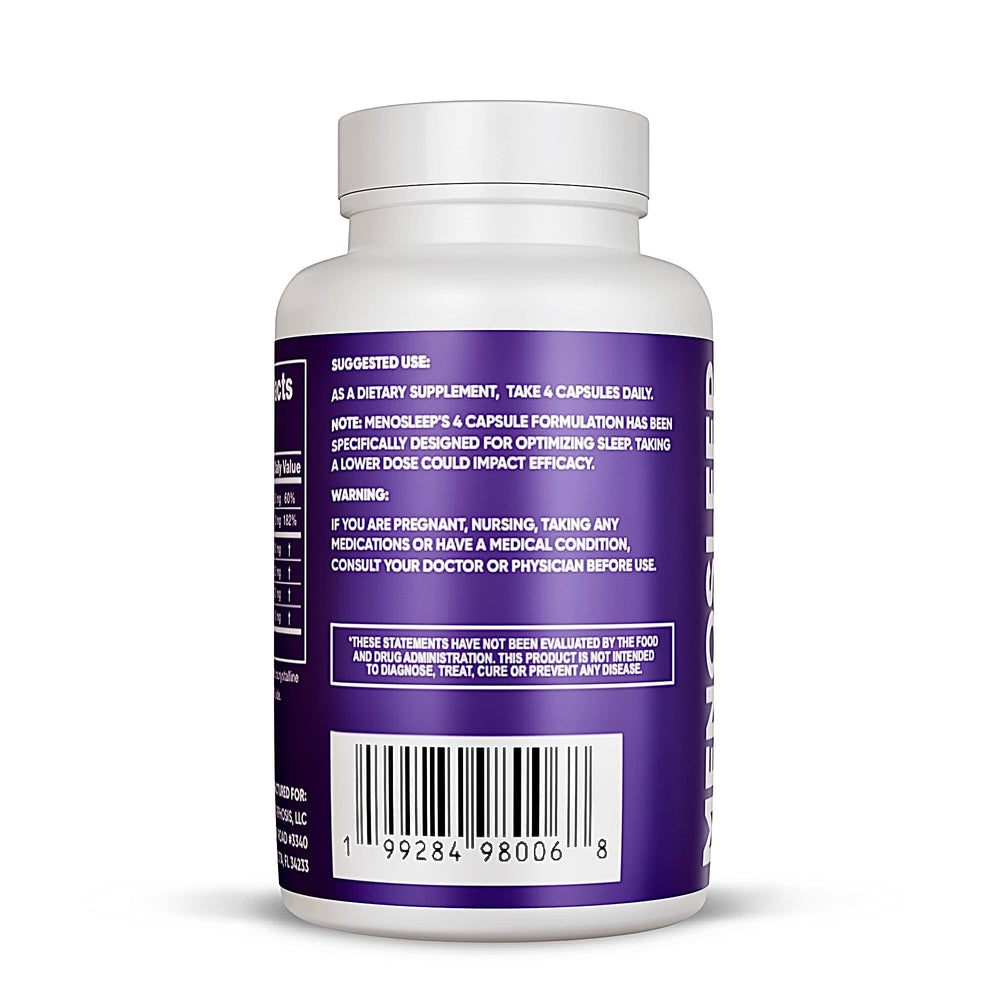 MenoSleep ingredients panel featuring magnesium glycinate, ashwagandha, chamomile, and lavender.