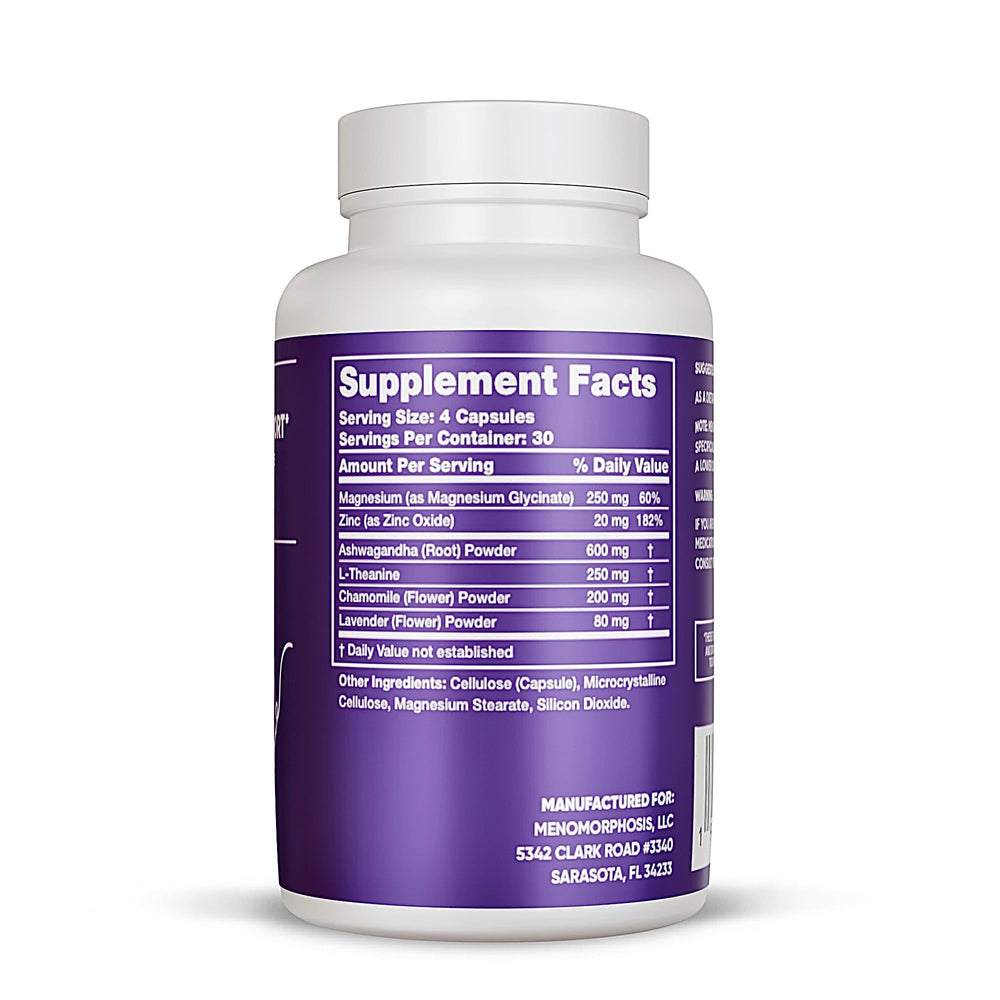 MenoSleep tablets close-up highlighting magnesium glycinate for sleep support.