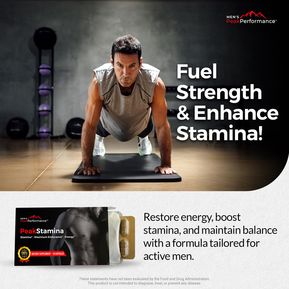 Label of MEN'S PeakPerformance highlighting a natural seven-herb blend for vitality.
