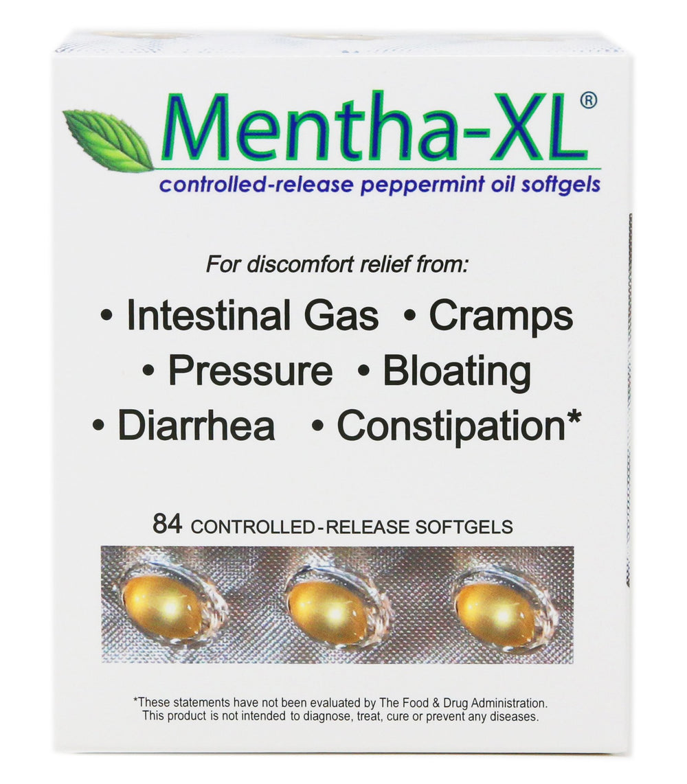 Mentha-XL 84-count softgels front view; targeted release may support digestive comfort.