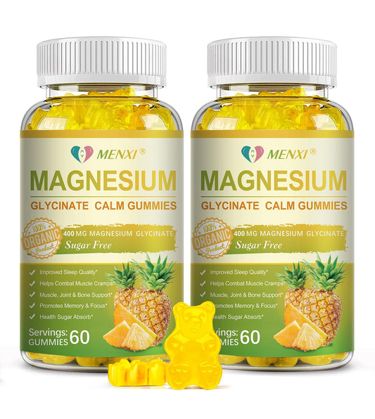 MENXI Magnesium Glycinate Gummies pineapple bottle showing sugar-free relaxation benefits