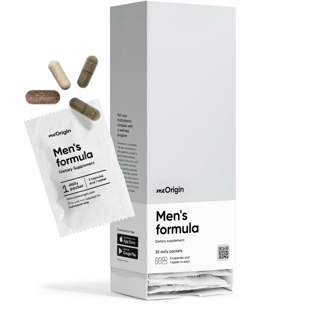 MeOrigin Multivitamin for Men bottle front shows a complete daily energy-support formula