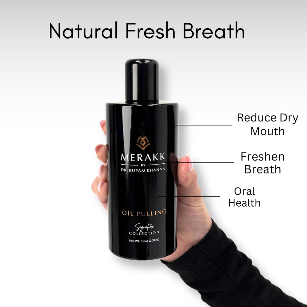 Merakk bottle emphasizes clove and neem oil in the formula for gum health notes.