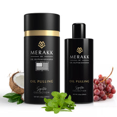 Merakk coconut oil pulling mouthwash bottle shows a whitening rinse for teeth and gums.