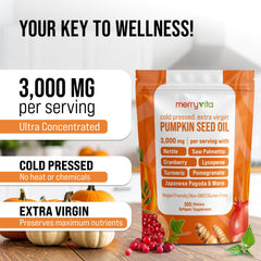 Merry Vita label shows cold-pressed, extra virgin pumpkin seed oil