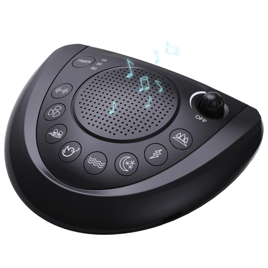 Mesqool white noise machine on a bedside table creating a calm sleep routine