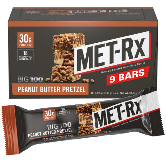 MET-Rx Big 100 box front showcases protein-packed nutrition for on-the-go fueling.