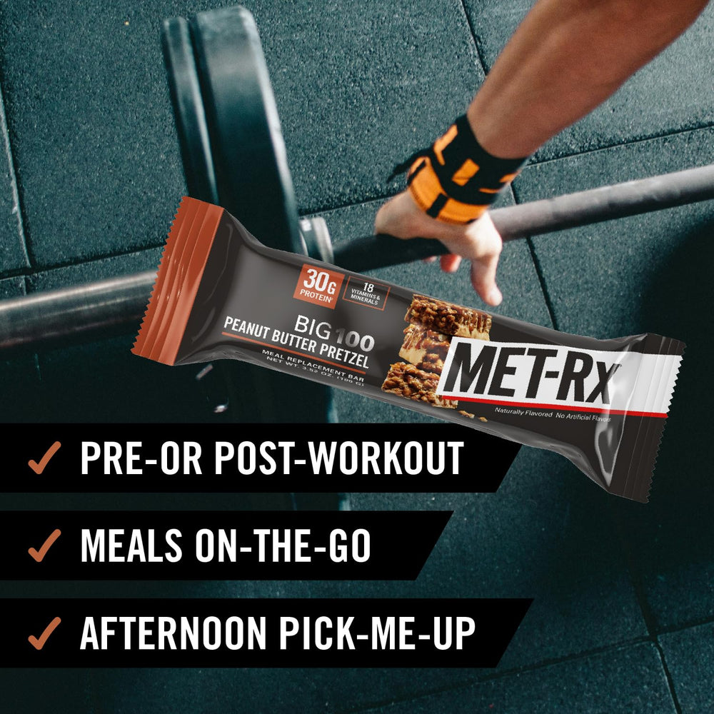 MET-Rx Big 100 bar in gym bag ready for pre or post workout.