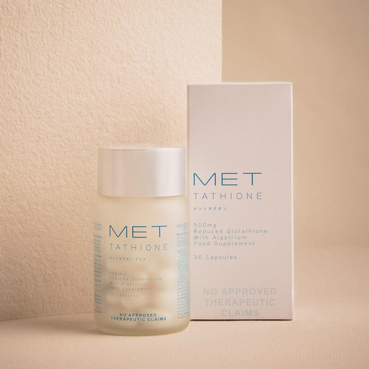 Met Tathione bottle with softgel capsules for glowing skin from within.