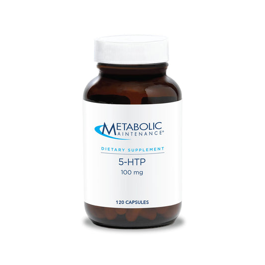 Metabolic Maintenance 5-HTP bottle front showing 100 mg capsules for daily balance.