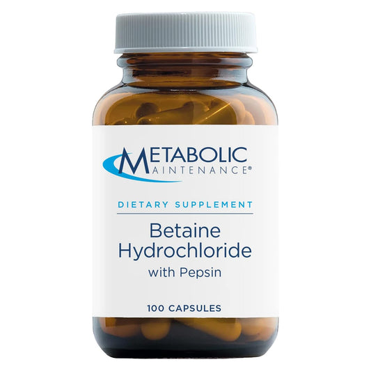 Metabolic Maintenance Betaine HCl + Pepsin bottle supports protein digestion after meals.