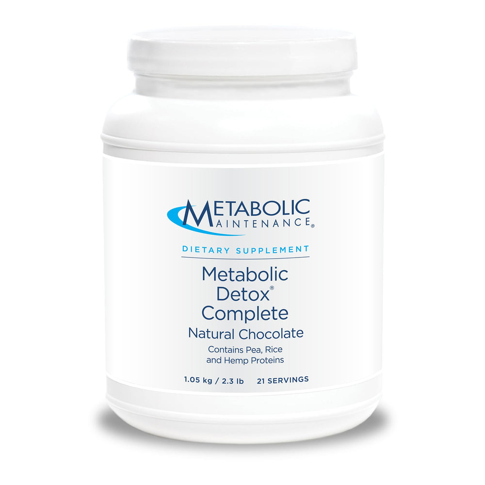 Metabolic Maintenance Detox Complete chocolate bottle on counter for daily protein support.